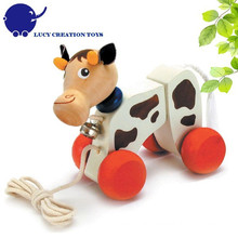 Kids Good Friend Wooden Lovely Cow Pull Roll-Along Toy for Toddlers